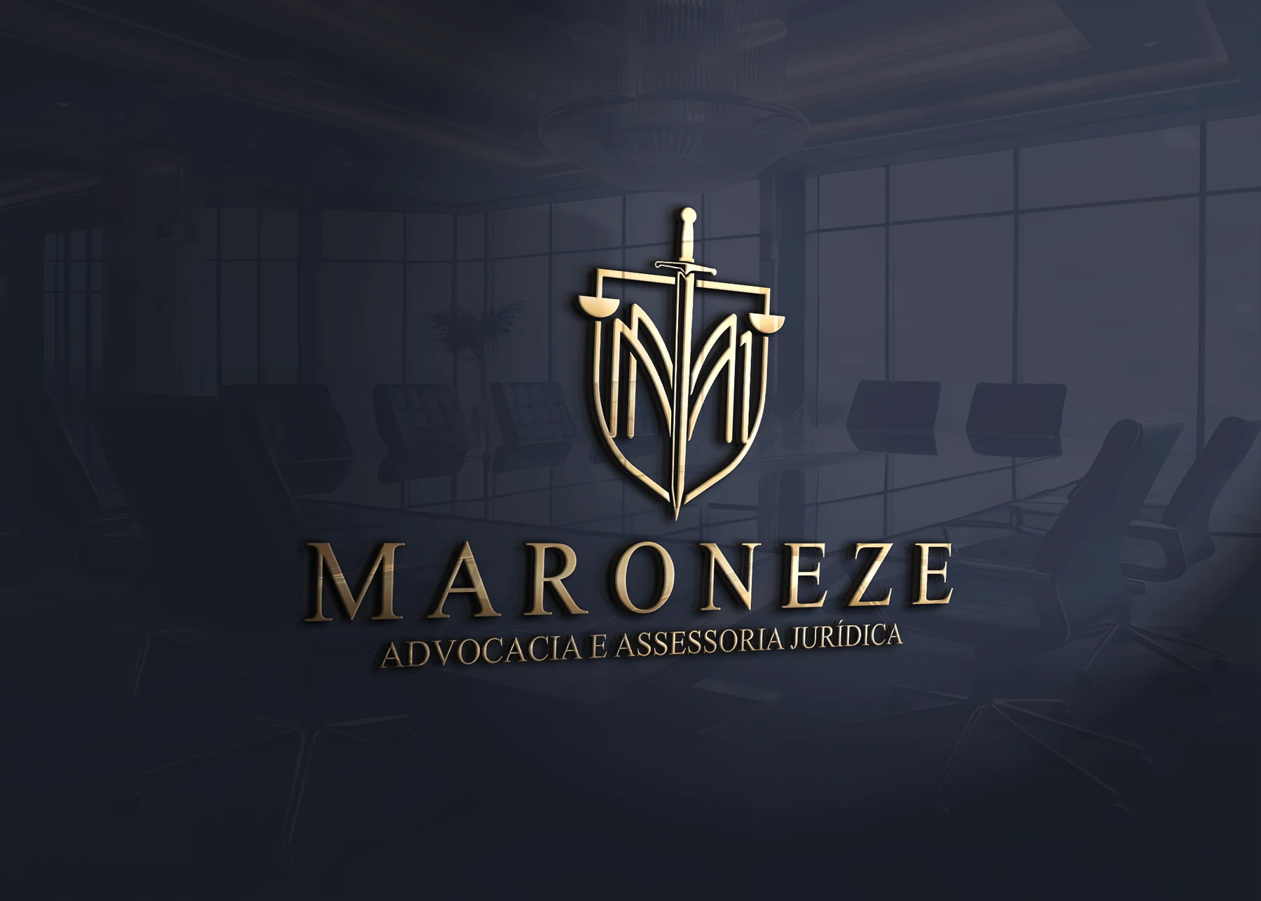 Mockup da marca Maroneze Advocacia e Assessoria Jurídica em dourado sobre uma sala de reuniões